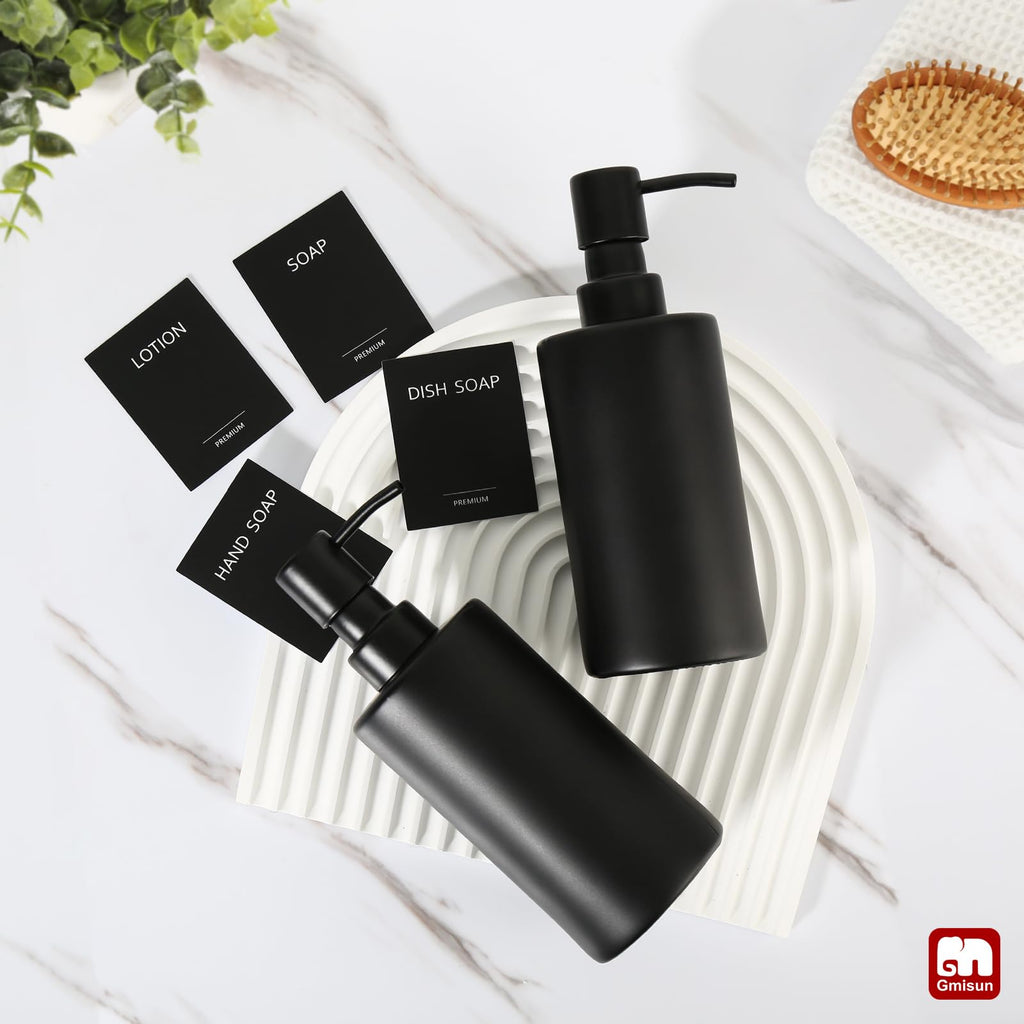 GMISUN Black Soap Dispenser, Hand Soap Dispenser Bathroom, Hand and Dish Dispenser Set for Kitchen, 12 fl oz/350ml Glass Liquid Soap and Lotion Dispensers with Stainless Steel Pump, 2 Pack Refillable