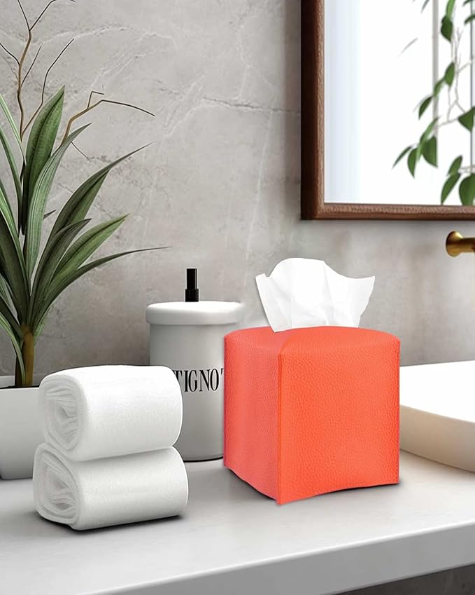 Orange Tissue Box Cover Square – Tissue Box Holder with Bottom Belt [JESMINI] Modern PU Leather Tissue Holder for Home Fall Decoration