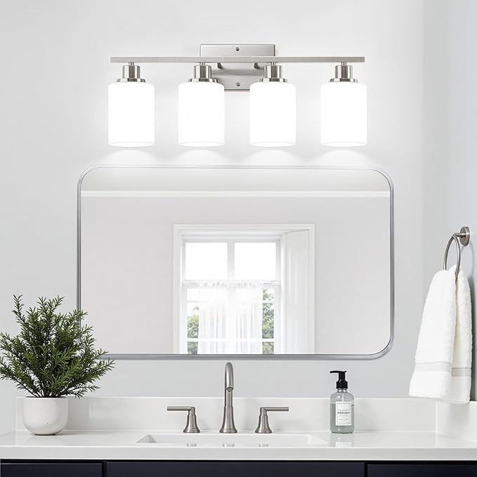 4-Light Bathroom Light Fixtures, Brushed Nickel Vanity Lights with Milk Glass Shades, Modern Bathroom Wall Lamp for Mirror Living Room Bedroom Porch
