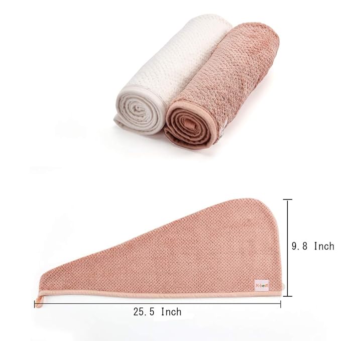 M-bestl 2 Pack Microfiber Hair Towel Wrap,Quick Dry,Anti-frizz(Pink&Beige)