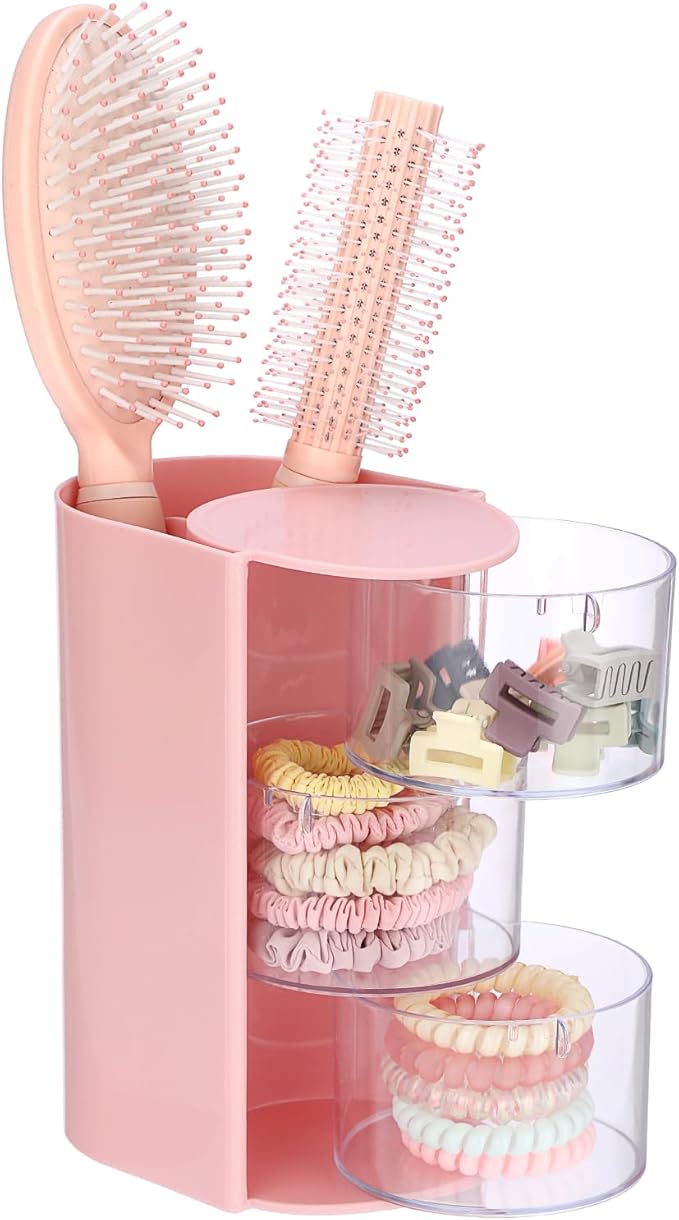 GUSHBIN Hair Accessories Organizer with Hair Brush Holder Spinning Cosmetic Storage Case for Makeup Sponge Plastic Desktop Organizer, 3-Layer Pink
