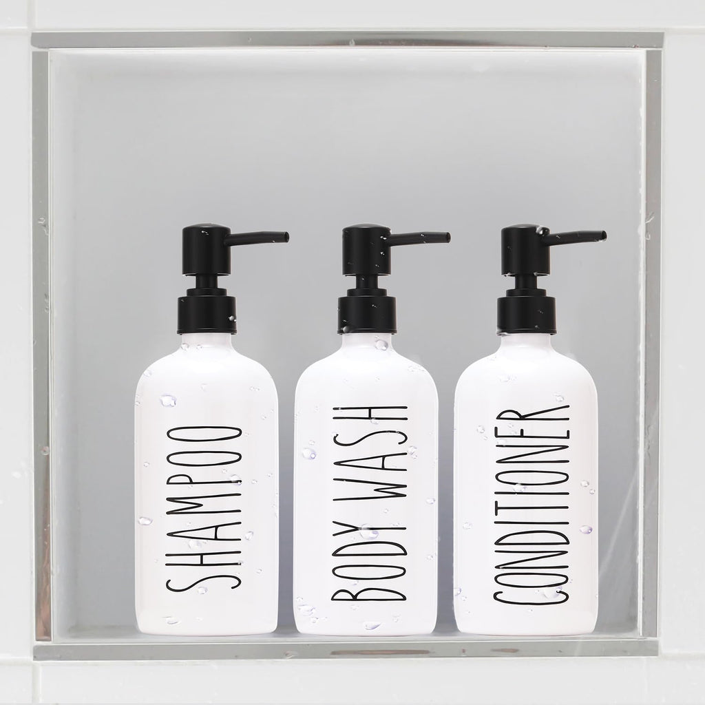 HOMCDALY Shampoo and Conditioner Dispenser Set of 3, 21oz Shower Soap Bottles with Pump, Refillable Shampoo Conditioner Body Wash Dispenser, Bathroom Shower Shampoo Bottles, shampoo container(P-White)