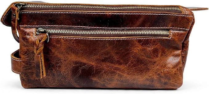 DEBKIN FOCUS Premium Top Grain Buffalo Leather Toiletry Bag for Men & Women – Travel Toiletry Wash Bag, Shaving Grooming Organizer, Water Resistant Lining, Unisex Makeup Travel Pouch
