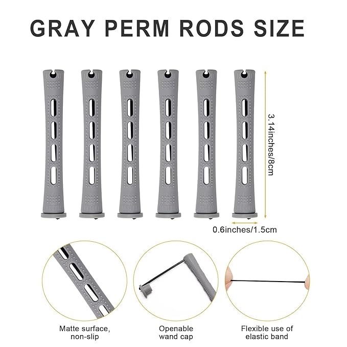 Meigick Perm Rods Set for Short Natural Hair 40Pcs Gray Plastic Cold Wave Rods Hair Curling Rollers Small Size 0.59 Inch For DIY Hairdressing Styling