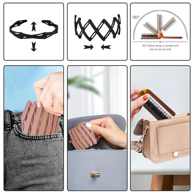Aozzy 6Pcs Travel Folding Hair Brush With Retractable Pocket Band for Thin/Thick Hair, Boar Bristle Mini Brush for Women Any Hairstyle, Men's Hair/Beard, Great for Purse/Pocket