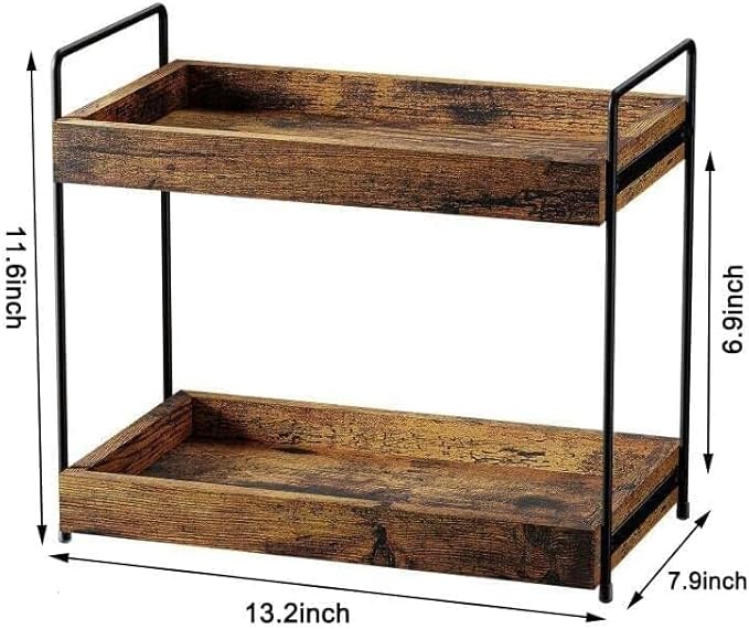 2 Tier Bathroom Counter Organizer Wood Bathroom Storage Shelf Spice Rack for Kitchen Countertop Vanity Tray Makeup Storage Coffee Station Organizer-Rustic Brown