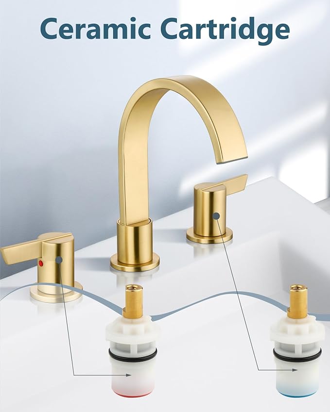 Aolemi Bathroom Faucets 3 Hole,8 Inch Widespread Waterfall Bathroom Sink Faucet,2 Handles Vanity Faucet with Pop-up Drain and Supply Hose,Gold
