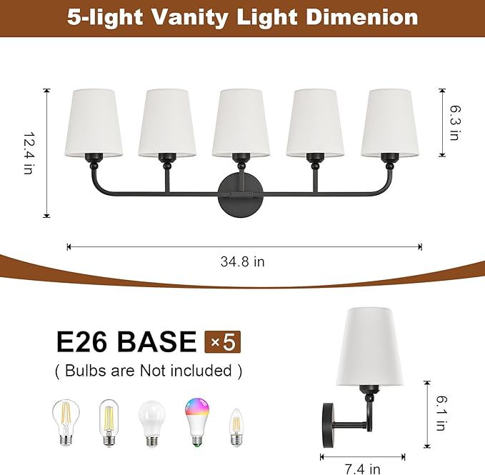 Bathroom Vanity Light, Matte Black Bathroom Light Fixtures, 5-Light Lighting Fixtures Over Mirror, Modern Wall Sconce with Flared White Fabric Shade, E26 Socket(ETL Listed)