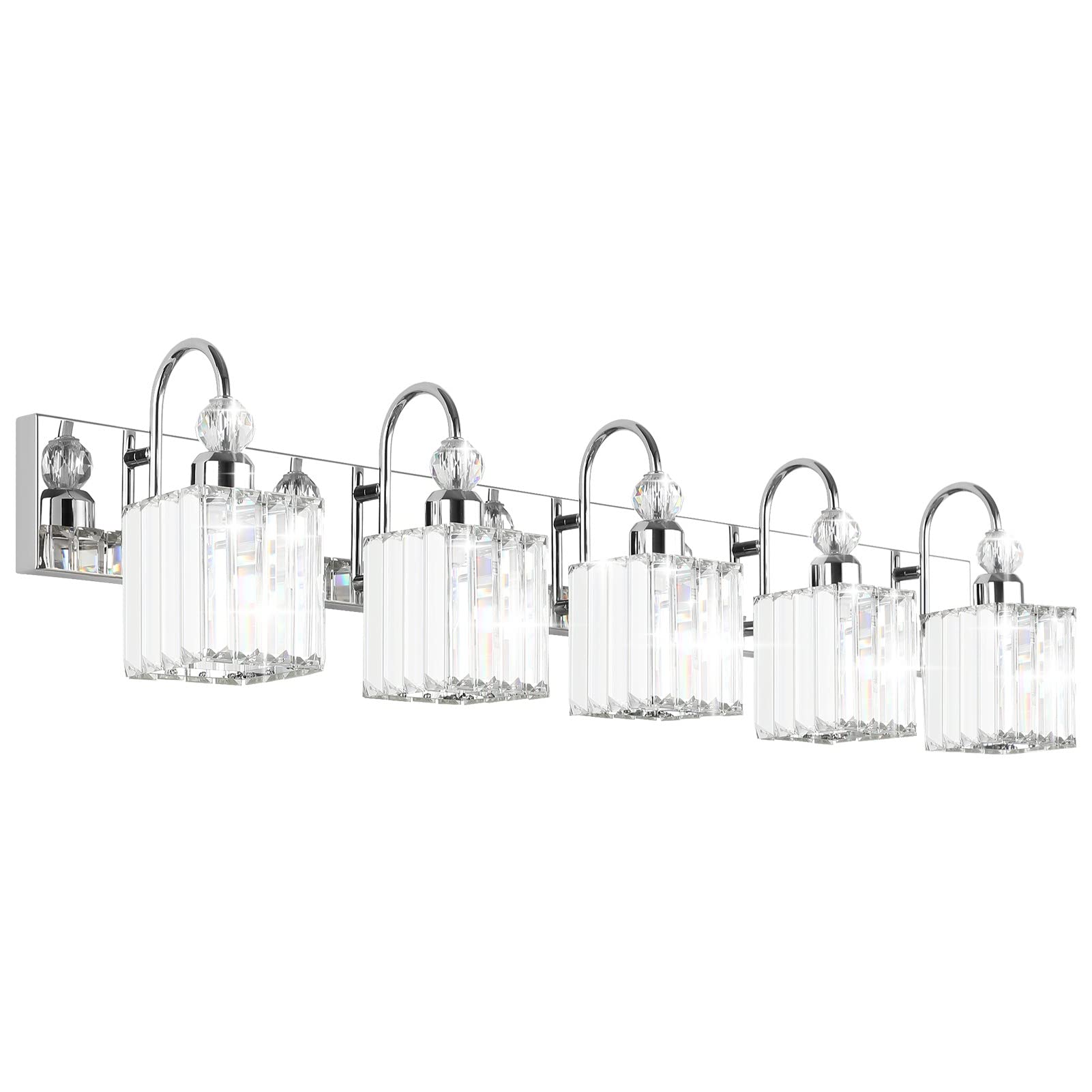 Ralbay Chrome Crystal Vanity Lights 5-Lights 40'' Modern Crystal Bathroom Light Fixtures Modern Crystal Vanity Lighting Over Long Mirror Bathroom Wall Lighting Fixtures