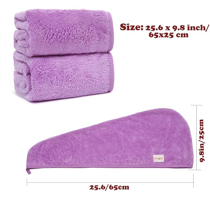 M-bestl 2 Pack Microfiber Hair Towel Wrap,Hair Drying Towel with Button,Absorbent Head Towel to Dry Hair Quickly (Purple)