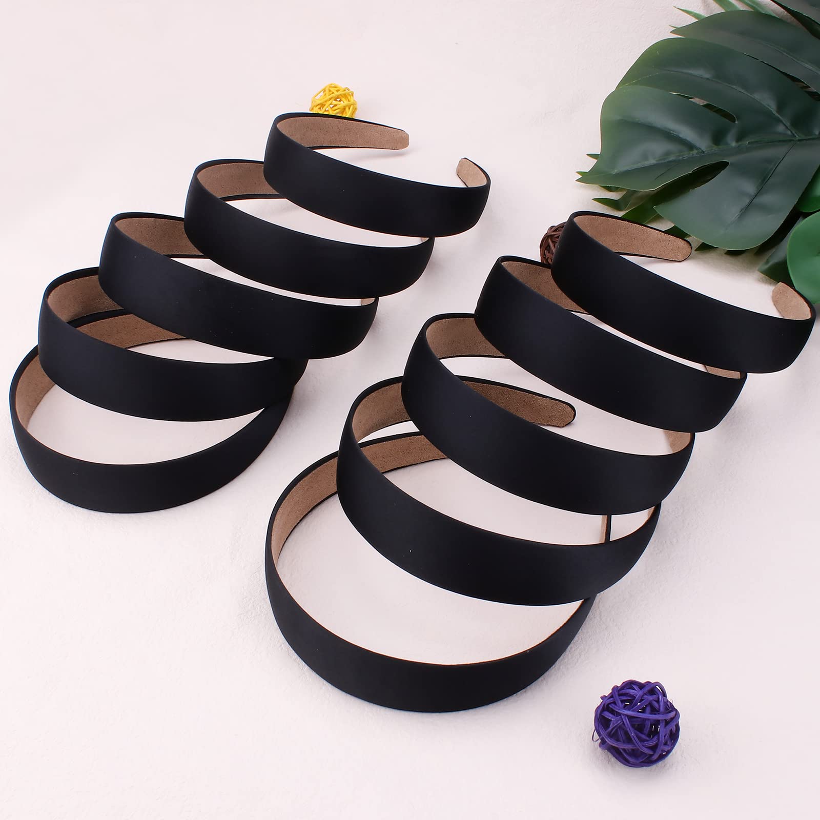 Wecoe 10 Pack Black Satin Wide 1.3 Inch Non-Slip Fashion Halloween DIY Plain Solid Hair Bands for Women and Girls