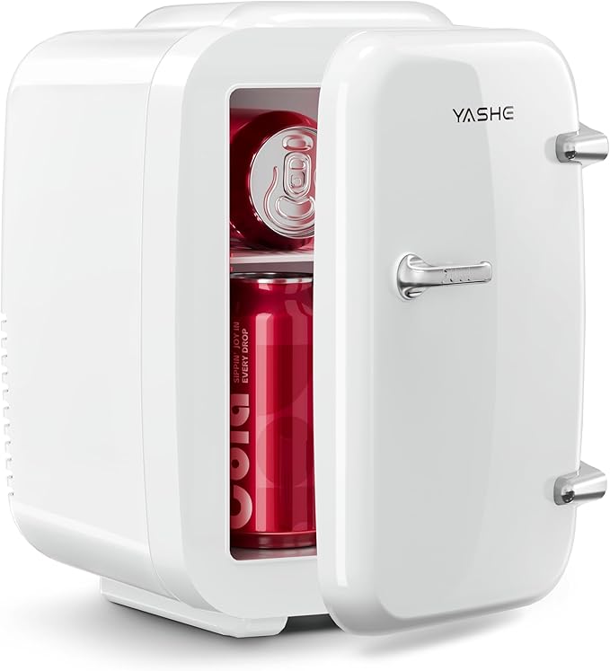 YASHE Mini Fridge, 4 Liter/6 Can Mini Makeup Fridge, 110V AC/ 12V DC Portable Thermoelectric Cooler&Warmer for Skincare, Drink, Cosmetic, Medicine, Small fridge for Bedroom, Office, Dorm, Car, White