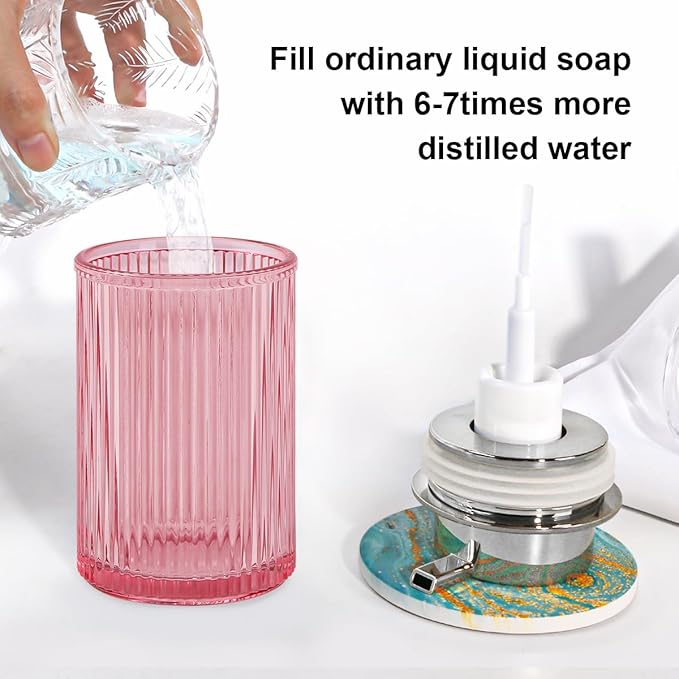Tonxus Foaming Soap Dispenser, 12 Oz Pink Glass Foam Hand Soap Dispenser, Refillable Lotion Soap Dispenser with Removable Pump for Kitchen Hand Wash Dispenser, Modern Slim Ribbed Bottle for Decor