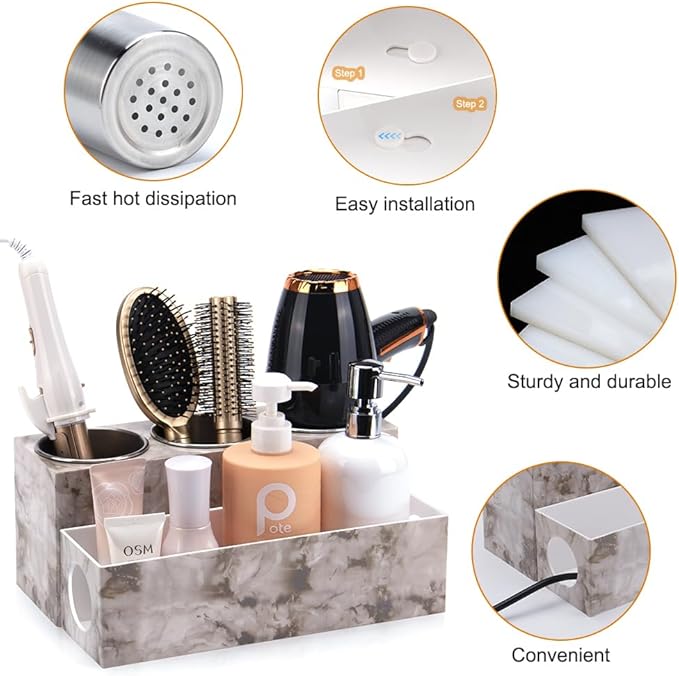 GFWARE Hot Hair Styling Tool Organizer with 3 Stainless Steel Cups, Marble