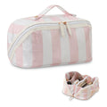 DYSHAYEN Stripe Travel Makeup Bag with Compartments Clear Coated Cosmetic Bag for Women, Waterproof Portable Open Flat Toiletry bag （White-Pink）