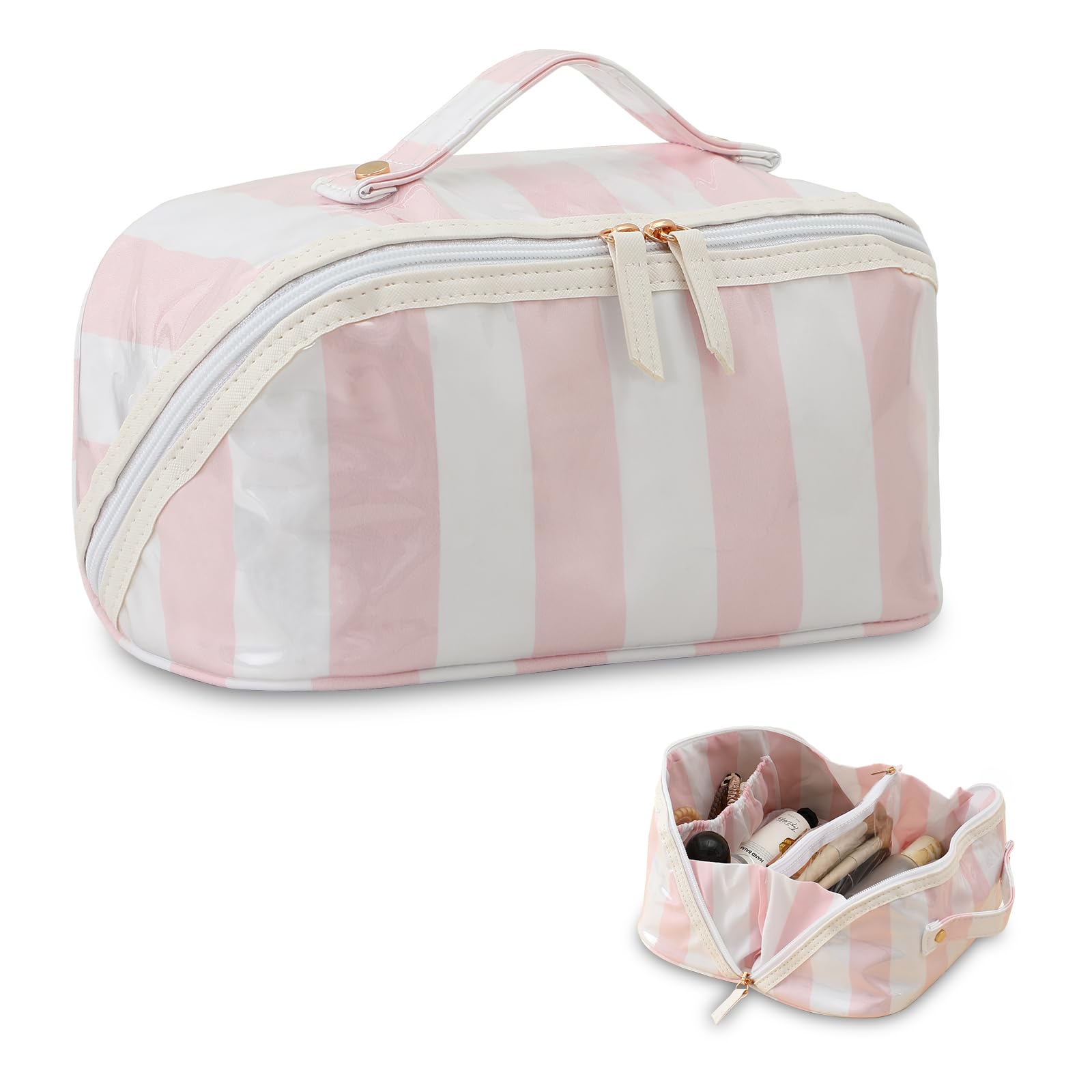 DYSHAYEN Stripe Travel Makeup Bag with Compartments Clear Coated Cosmetic Bag for Women, Waterproof Portable Open Flat Toiletry bag （White-Pink）