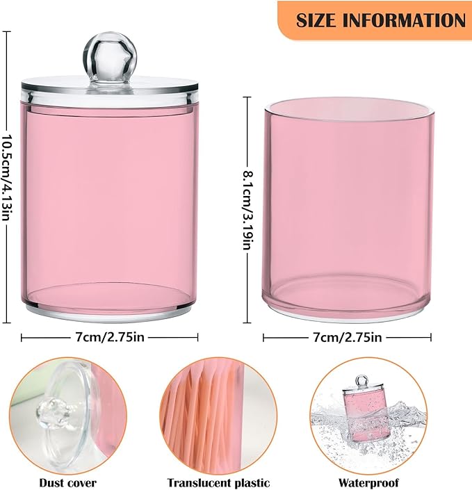 Pink Qtip Holder Organizer Dispenser Cotton Swabs Cans Plastic Jars with Lid Set 4 Pack Bathroom Storage Canister for Cotton Ball Floss Cotton Pads