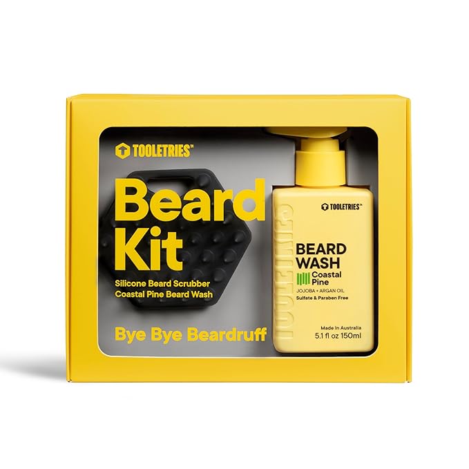 TOOLETRIES Men's Beard Kit - Silicone Beard Scrubber & Hydrating Wash with Coastal Pine Scent, Facial Hair Exfoliator for Men, Deep Cleans & Exfoliates Skin, Removes Beardruff
