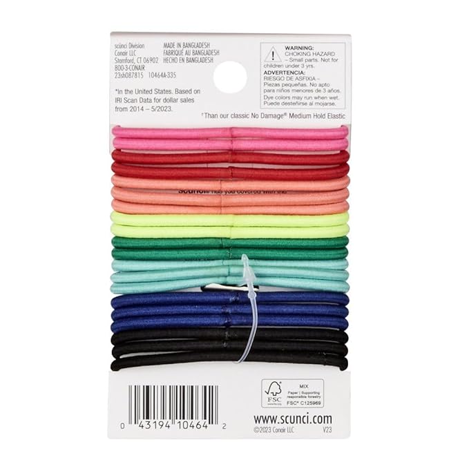 Scunci No Damage 2x Stronger Hold Ponytail Holder Hair Ties for Fine Hair, Assorted Vibrant Colors, 20 Count – Extra Strong Elastic Bands for No Breakage, Secure Comfortable Hold