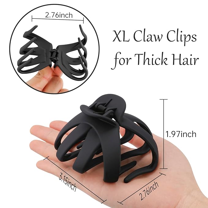 ATODEN Jumbo Octopus Hair Clips - 3.15" Matte Black Claw Clips for Long, Thick Hair (Pack of 5)