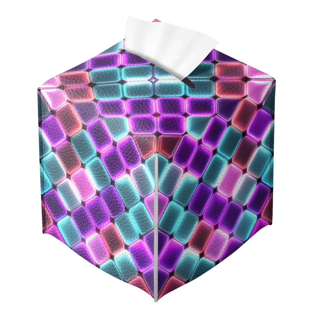 Neon Tissue Box Cover Colorful Rainbow Tiles Purple Blue Pink Leather Tissue Box Holder Square Facial Paper Organizer Dispenser for Car Bathroom Bedroom Office Tabletop Decor