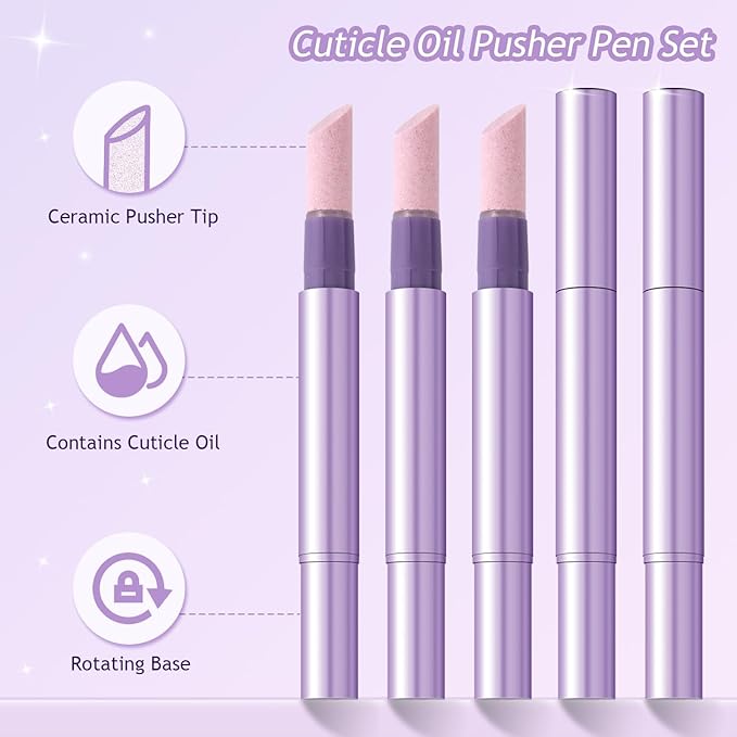 Furtherpretty 5PCS Cuticle Oil Pusher Pen Set, 2-in-1 Ceramic Cuticle Pushers with Oil for Nail Repair, Hangnail & Dry Cuticle Removal, Nail Care Pens for Manicure & Pedicure, Professional Salon Tools