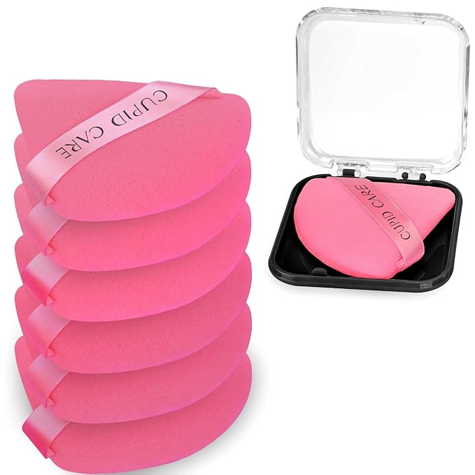 CUPID CARE 6 Pcs Triangle Powder Puff with 2 Travel Cases, Setting Powder Puffs for Face Powder and Foundation, Velour Makeup Puff for Loose Powder Body Powder, Skin-Friendly, Beauty Makeup Tools-Red