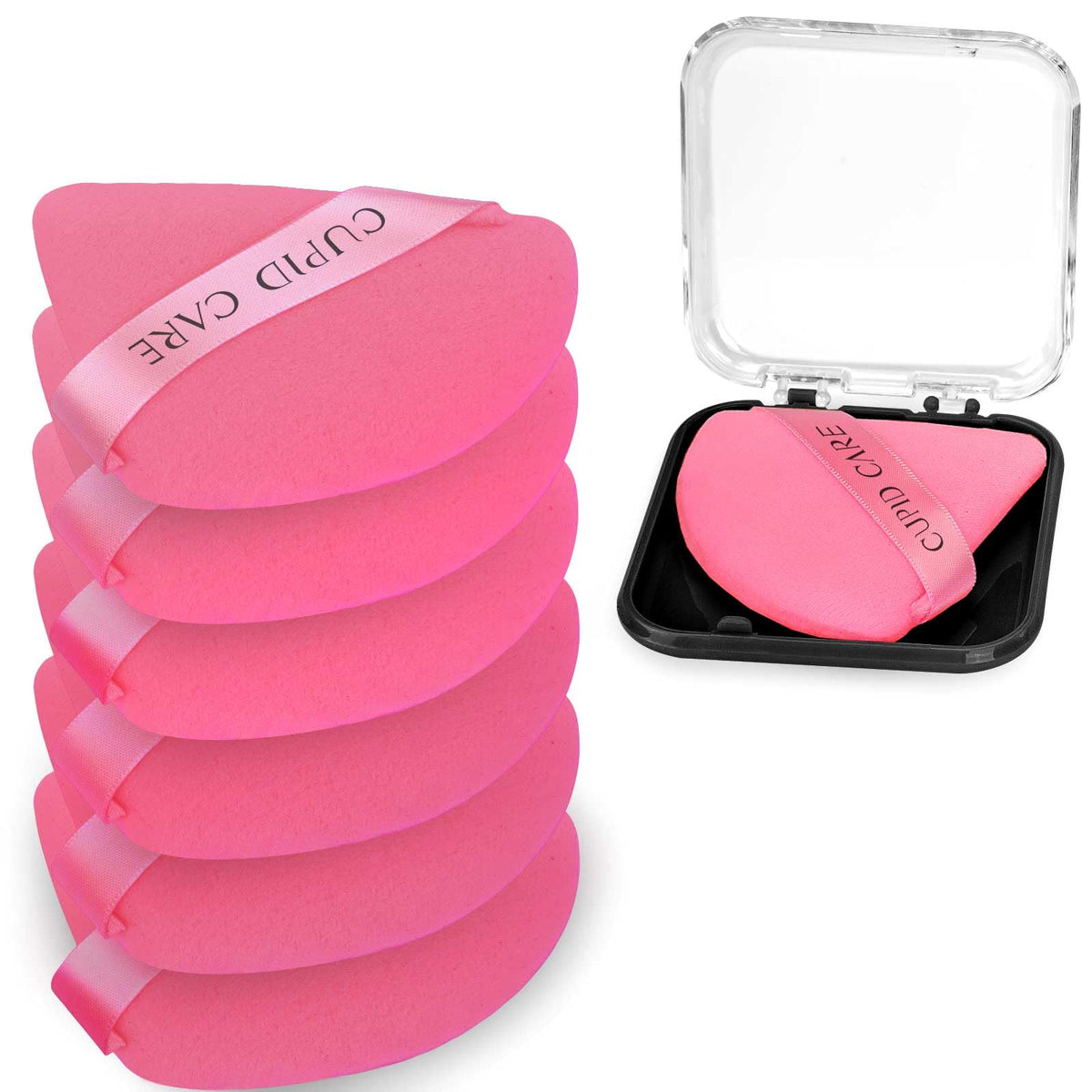 CUPID CARE 6 Pcs Triangle Powder Puff with 2 Travel Cases, Setting Powder Puffs for Face Powder and Foundation, Velour Makeup Puff for Loose Powder Body Powder, Skin-Friendly, Beauty Makeup Tools-Red