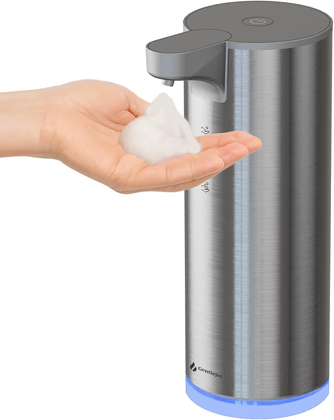 GentleJet EasyFoam Automatic Foaming Soap Dispenser, Touchless USB-C Rechargeable Sensor Pump, 304 Stainless Steel, Adjustable Foam, IPX5 Water-Resistant for Bathroom & Kitchen, 10 fl oz / 300 mL