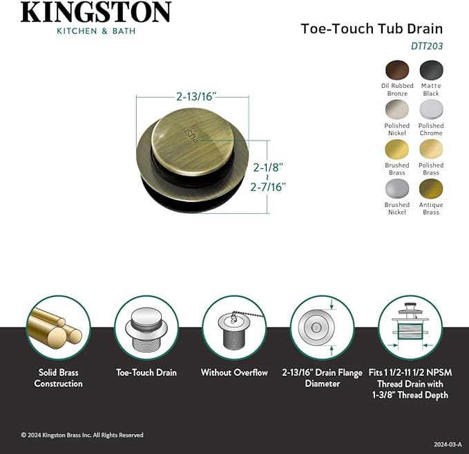 Kingston Brass DTT207 Tip-Toe Tub Drain, Brushed Brass,2-7/16"~ 2-3/16" (L) x 2-13/16" (W)