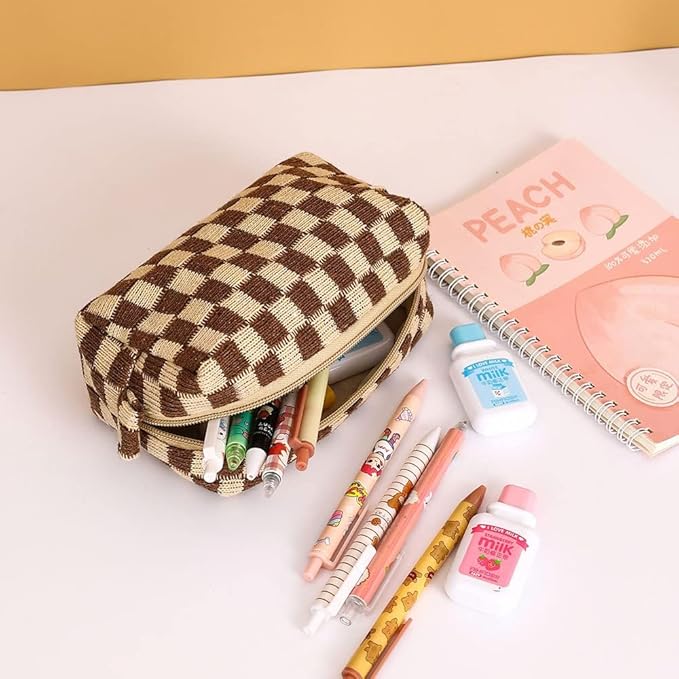 LYDZTION Large Capacity Makeup Bag Set - 3 Pieces Checkered Cosmetic Bag for Women Travel Makeup Bag Organizer Cute Makeup Brushes Storage Bag Travel Toiletry Bag Storage Bag for Women,Brown