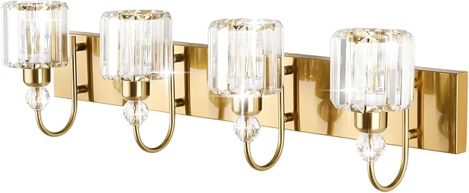Ralbay Brass Gold Vanity Lights 4-Lights Crystal Bathroom Lighting Fixtures Over Mirror Modern Wall Lighting for Bathroom