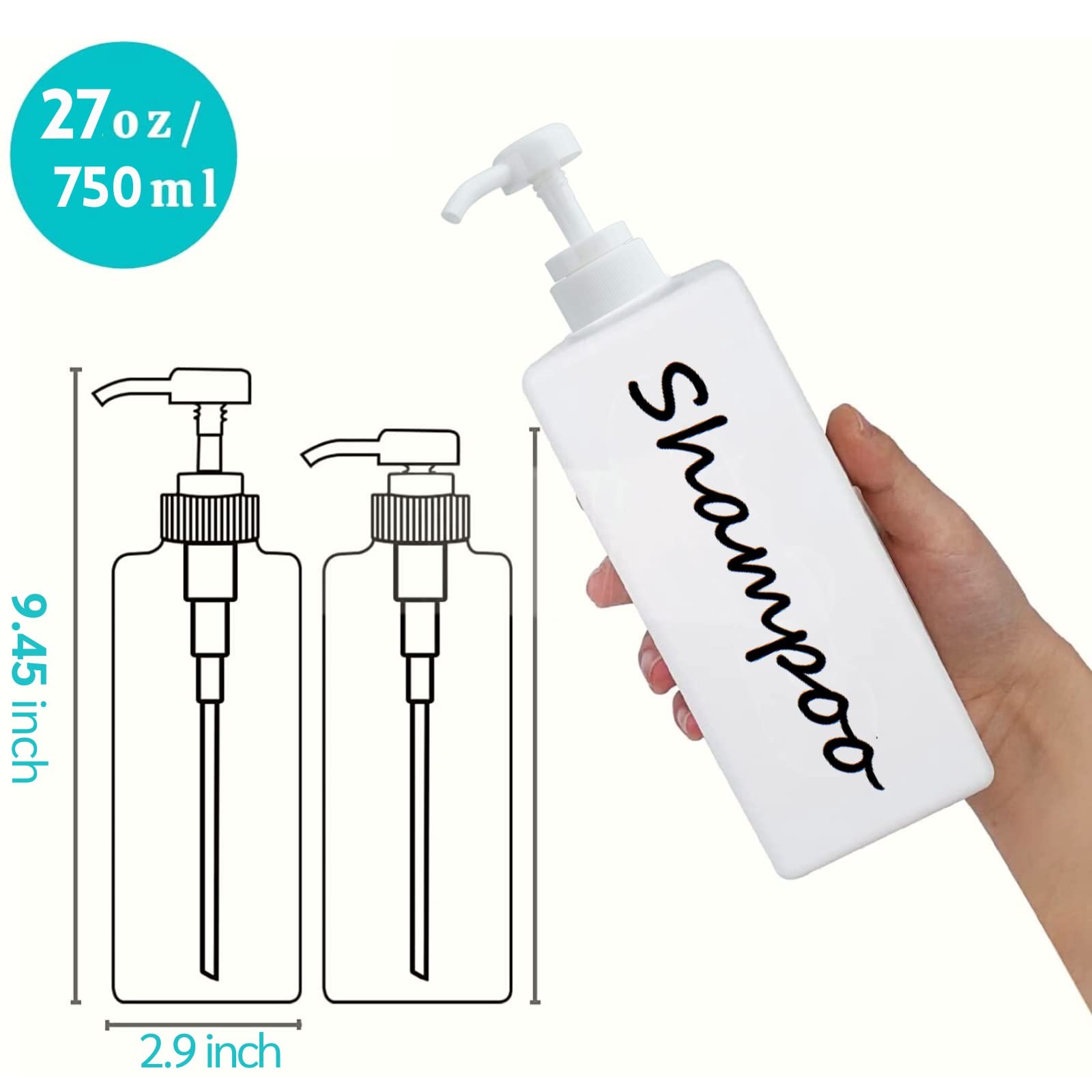 21oz Shampoo and Conditioner Dispenser (Set of 3) Modern Refillable Shampoo Pump Bottles for Shower Soap - Empty Shampoo Conditioner Body Wash Dispenser Set - Stylish Permanent Labels - for Bathroom
