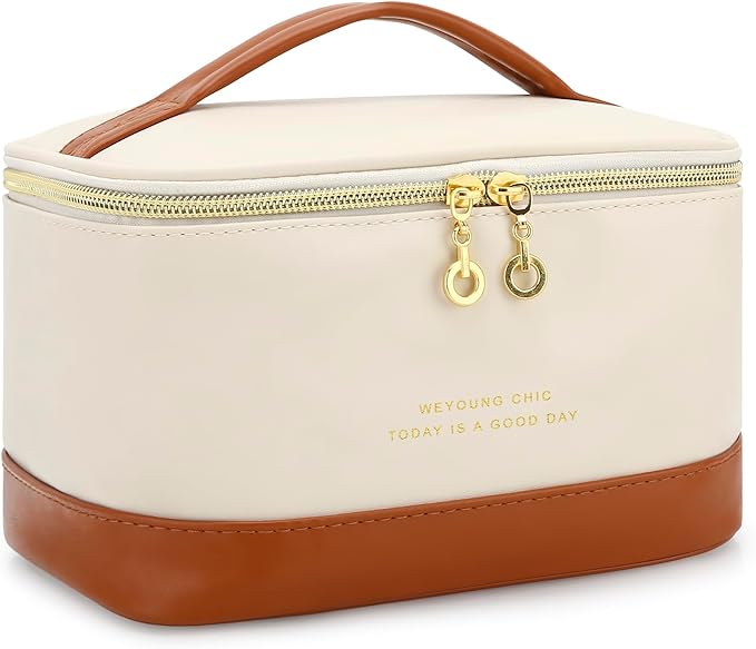 JINSI Small Makeup Bag Travel Cosmetic Bag Toiletry Zipper Pouch Make Up Organizer Bag with Handle Purse for Women Soft PU Leather Skincare Case (L01-Beige)