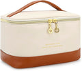 JINSI Small Makeup Bag Travel Cosmetic Bag Toiletry Zipper Pouch Make Up Organizer Bag with Handle Purse for Women Soft PU Leather Skincare Case (L01-Beige)