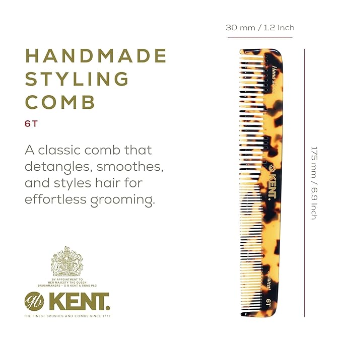 Kent 6T TY Fine Tooth and Wide Tooth Hair Comb, Handmade Styling Comb for Hair Care, Barber Combs, Beard Combs For Men, Styling Grooming for Men, Women and Kids