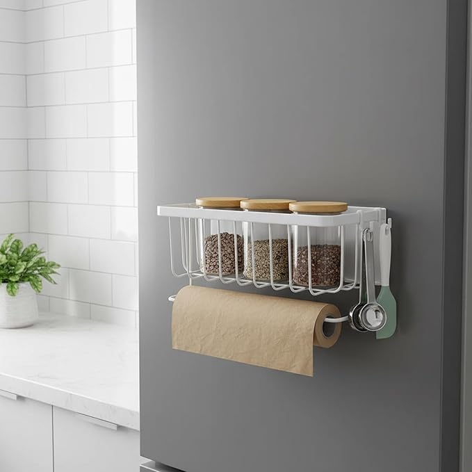 Refrigerator Shelf, Storage Basket, Hanging Basket, Food Organizer Made of Stainless Steel with Easy Assembly and Versatile Use for Kitchen, Bedroom, White