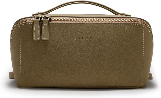 EACHY Travel Makeup Bag, Faux Suede Cosmetic Bags for Women,Large Capacity Portable Pouch Open Flat Toiletry Bag Make up Organizer with Divider and Handle