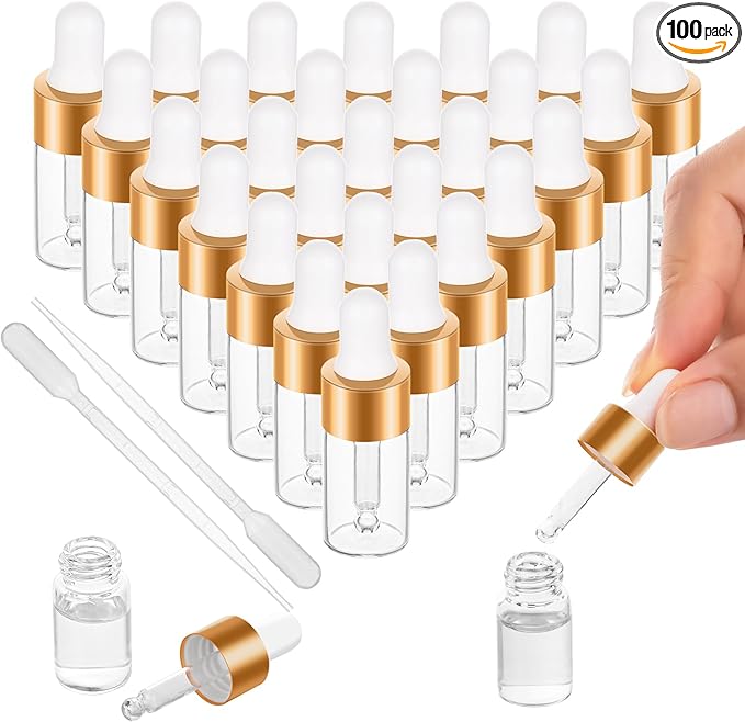 100 Pack Mini Dropper Bottle for Cuticle Oil, 3ml Small Sample Essential Oil Dropper Bottles for Travel, Clear Empty Vails for Cosmetic Perfume