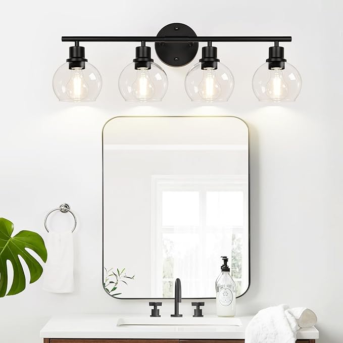 4-Light Bathroom Light Fixtures, Black Bathroom Lights Over Mirror with Clear Glass Globe Shade, Vanity Lights for Bathroom Kitchen Living Room Hallway Cabinet Bedroom Porch