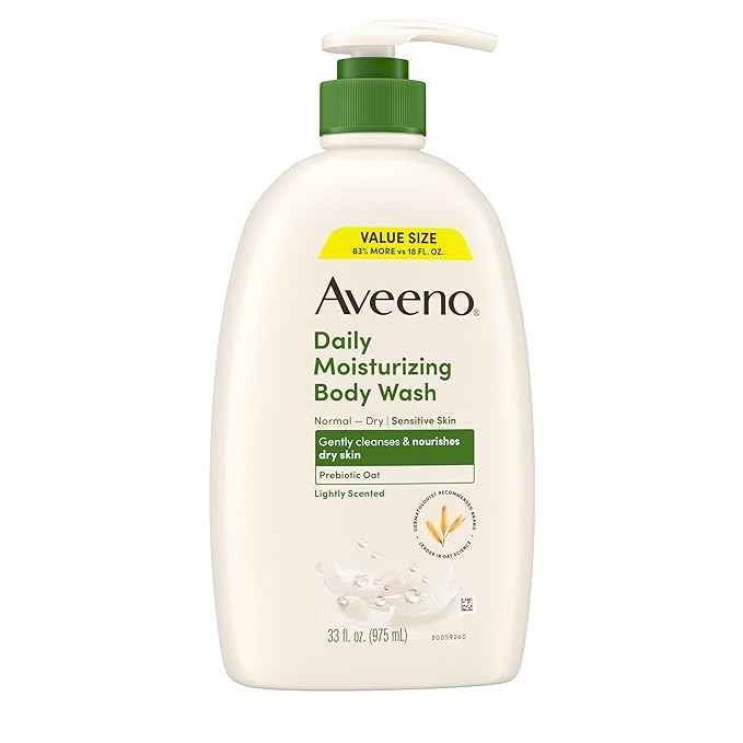 Aveeno Daily Moisturizing Body Wash for Normal to Dry Skin, Sensitive Formula with Prebiotic Oat, Gently Cleanses Dry Skin, Lightly Scented Body Wash for Women and Men, Value Size 33 fl. Oz