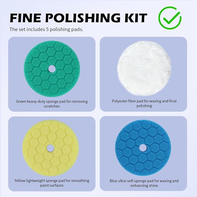 5PCS 6 Inch Polishing Pads Kit Sponge & Polyester,Heavy Duty Reusable Car Buffing Pads Kit for Car Paint/Body,Hook and Loop Buffer Pad Fit 5 Inch Adapter Cars Accessories