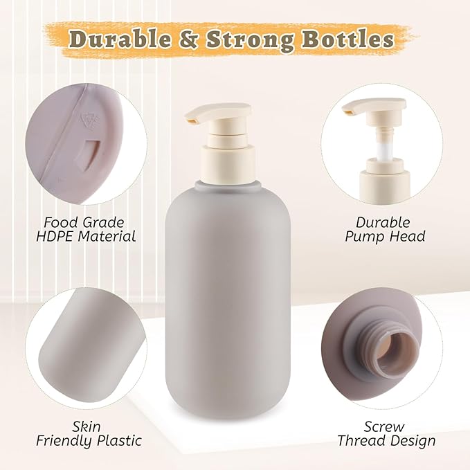 DMuuuDM 6 Pcs 10 oz Soft Plastic Bottles with Press Pump,Empty Refillable Travel Shampoo Dispenser Container for Hand Soap,Shampoo,Lotion,Body Wash,Conditioner,Silicone Funnel Included (Grey)