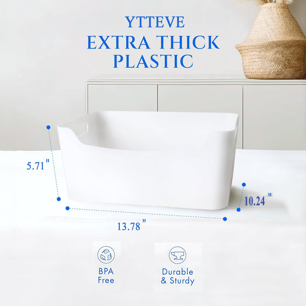 2 Pack Large Plastic Storage Bins with Handles, Versatile 13.7x10.2x5.7 Inch White Organizer Containers for Kitchen, Pantry, Closet, Bathroom, Office, Cabinet, Drawer, Snack, Toy & Makeup Organization