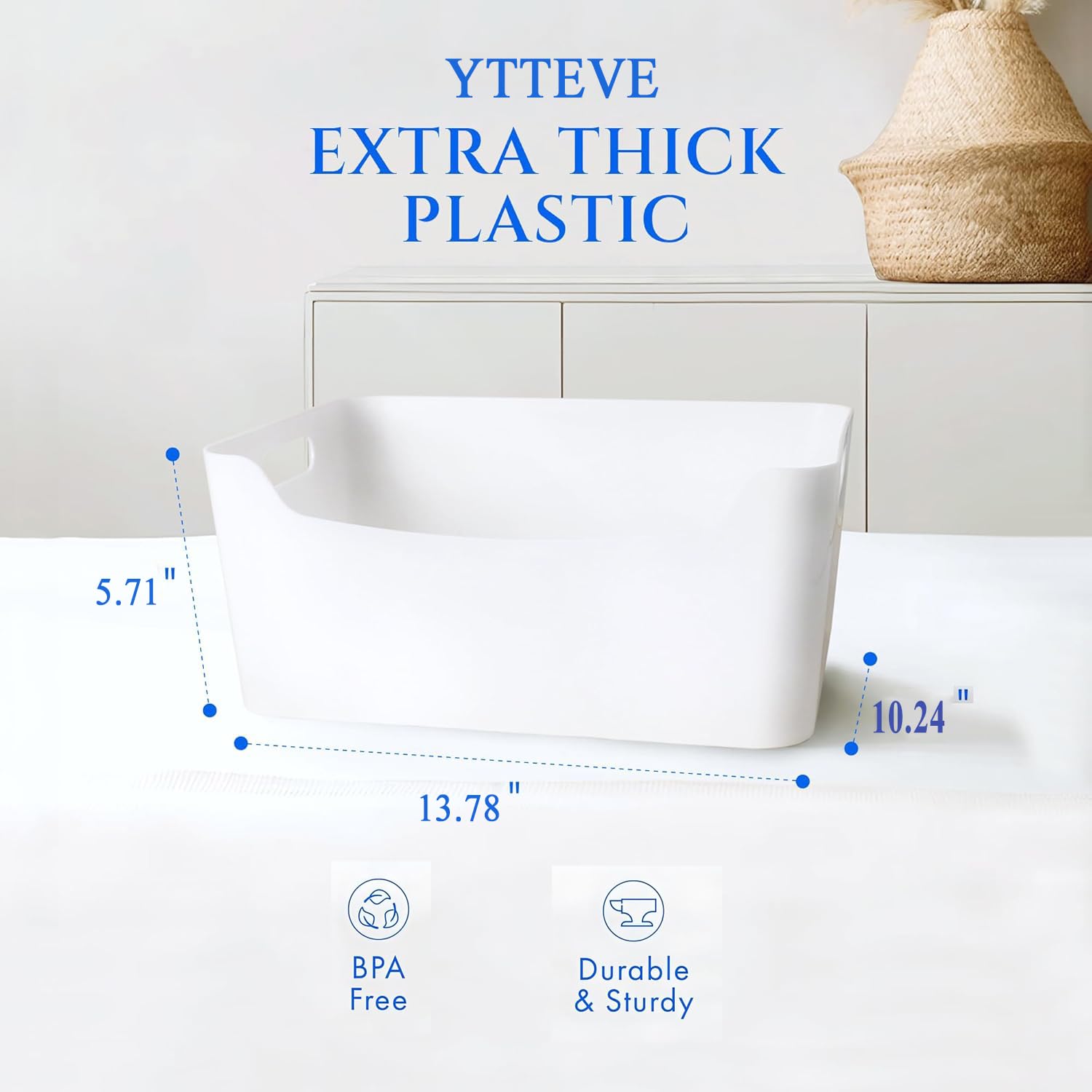 2 Pack Large Plastic Storage Bins with Handles, Versatile 13.7x10.2x5.7 Inch White Organizer Containers for Kitchen, Pantry, Closet, Bathroom, Office, Cabinet, Drawer, Snack, Toy & Makeup Organization