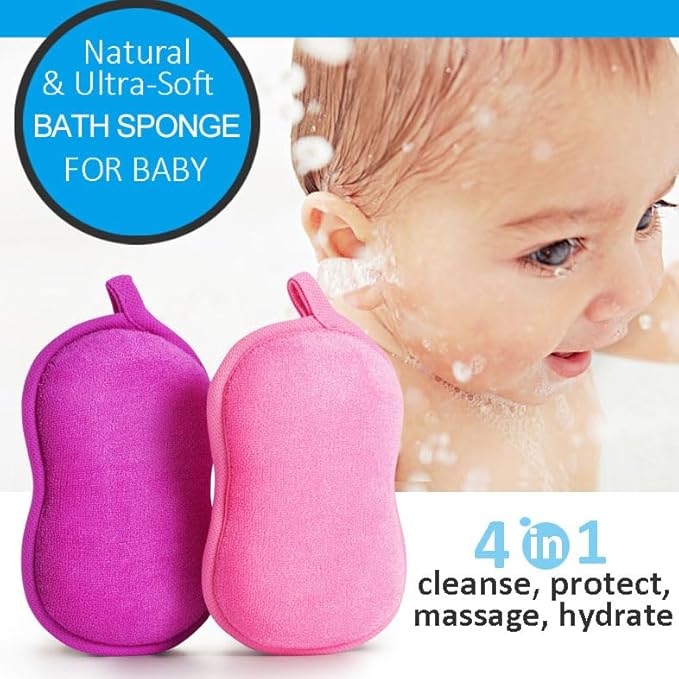 BabaMate Baby Bath Sponge - Ultra Soft Baby Sponge for Bathing - Kids Bath Sponges for Infants, Toddler Bath Time, 2 Count (1 Pack) - Pink Violet