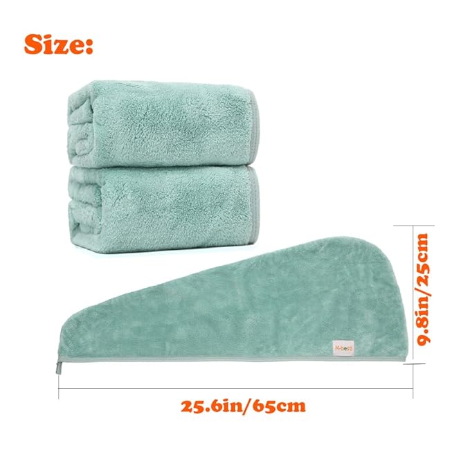 M-bestl 2 Pack Microfiber Hair Towel Wrap,Hair Drying Towel with Button, Hair Towel Turban,Head Towel to Dry Hair Quickly (Green&Green)