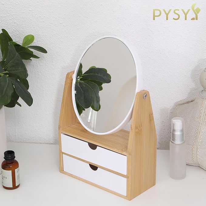 PYSYY 1x / 5X Magnifying Makeup Mirror, Jewelry and Cosmetics Storage Box with Double Drawers, Adjustable Natural Bamboo Stand, 360° rotatable Vertical Desktop Mirror (1, Oval)