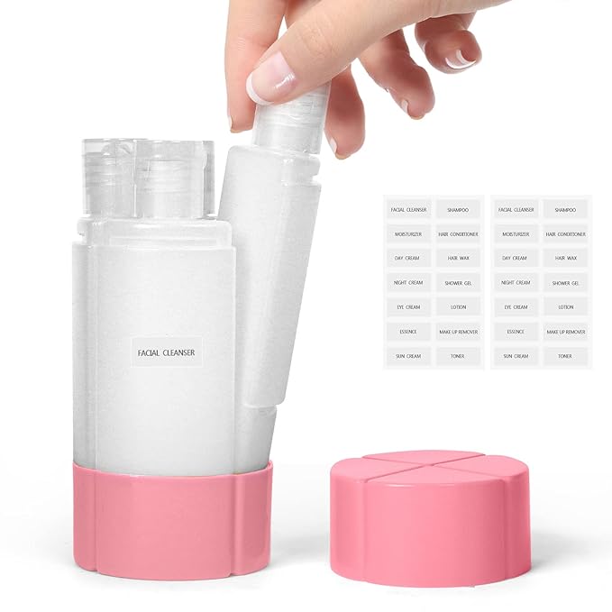 Olatay Travel Bottle, TSA Approved 4-in-1 Leak-Proof Bottle, 4 * 60ml/2oz, with 2 Pre-Printed Labels for Travel Gym Camping, Carry-on Travel Size Toiletries Shampoo Lotion Bottle for Women Men (Pink)