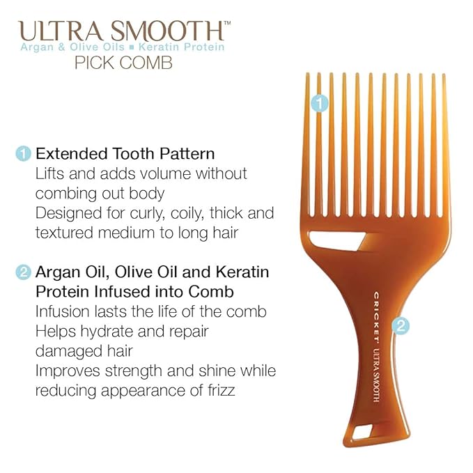 Cricket Ultra Smooth Hair Pick Comb for Volumizing, Detangling, and Reducing Frizz - Enriched with Argan, Olive Oil, and Keratin Infused, Ideal for Curly, Thick, and Long Hair